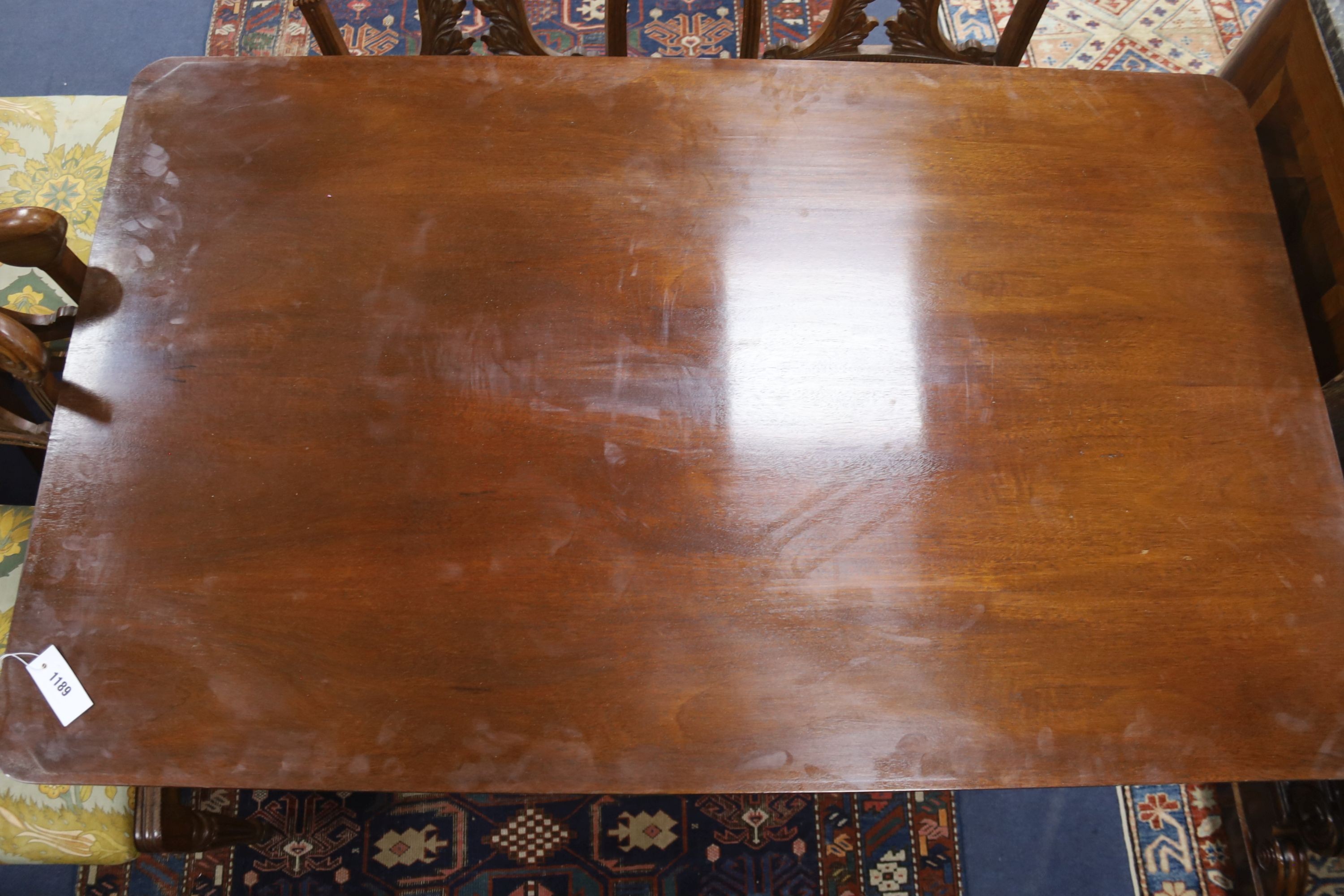 A Regency rectangular mahogany tilt top dining table, width 130cm, depth 80cm, height 72cm